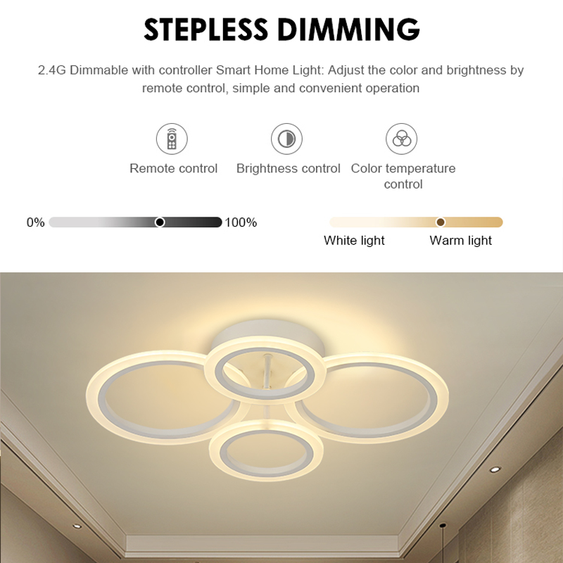 Lustre LED avec télécommande BETTY 43W, 4 Cercles, Lumière Froide/Chaude/Neutre, Dimmable, Blanc