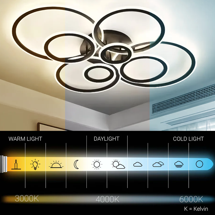 Lustre LED avec télécommande BETTY 130W, 8 Cercles, Lumière Froide/Chaude/Neutre, Dimmable, Noir