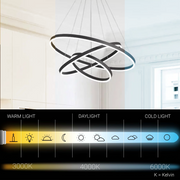 Lustre LED suspendu avec télécommande CASIANA 85W, 3 Cercles, Lumière Froide/Chaude/Neutre, Dimmable, Noir, Hauteur Réglable
