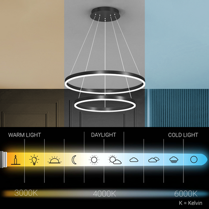 Lustre LED Suspendu avec Télécommande CASIANA 40W, 2 Cercles, Lumière Froid/Chaude/Neutre 3000K/4000K/6000K, Intensité Variable, Noir, Hauteur Réglable, Métal et Acrylique