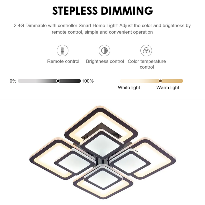 Lustre LED avec télécommande SUSAN 96W, 4 Carrés, Lumière Froide/Chaude/Neutre, Dimmable, Noir