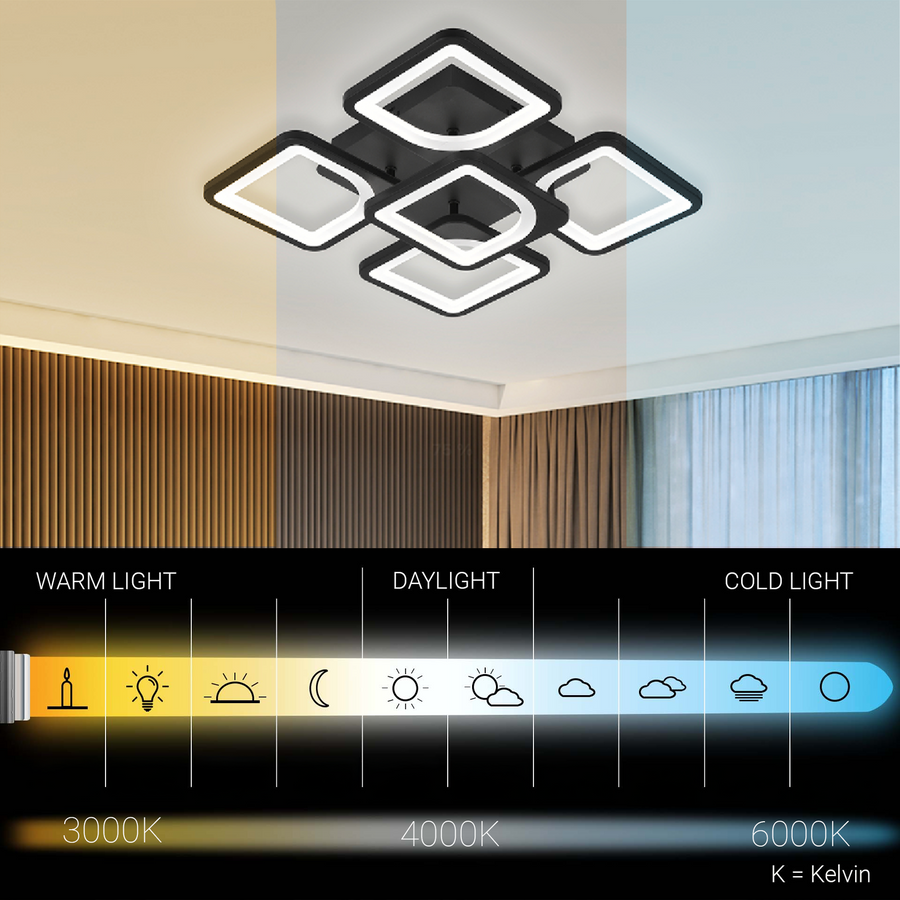 Lustre LED avec télécommande ZOE 68W, 5 carrés, Lumière Froid/Chaud/Neutre, Dimmable, Noir
