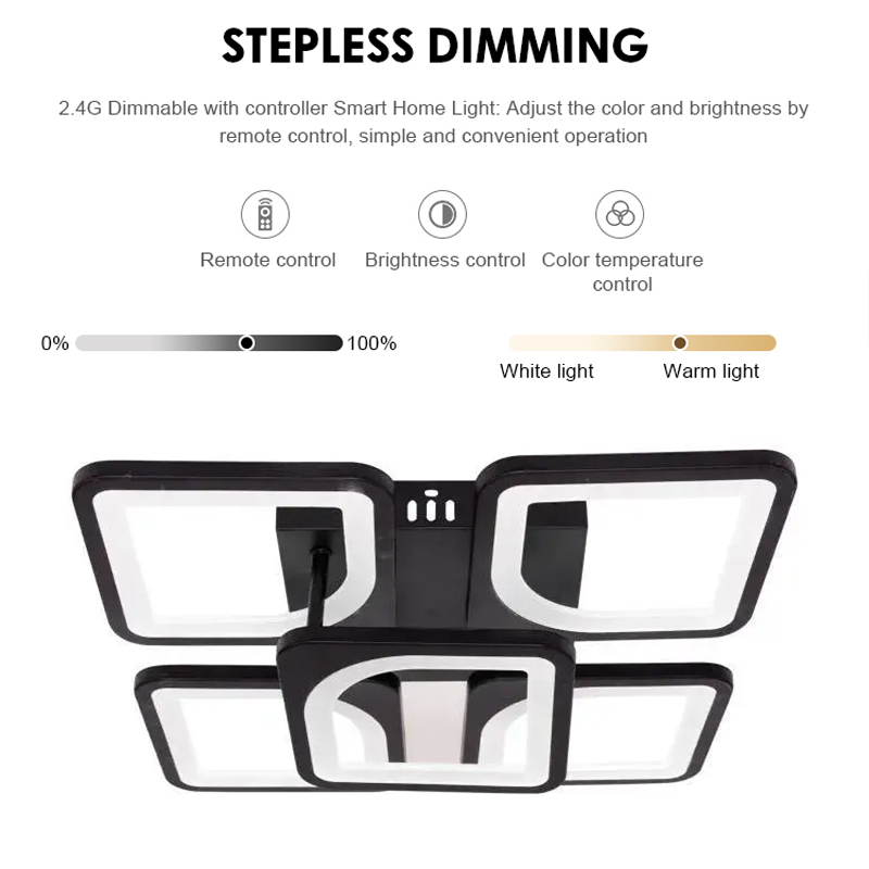 Lustre LED avec télécommande ZOE 68W, 5 carrés, Lumière Froid/Chaud/Neutre, Dimmable, Noir