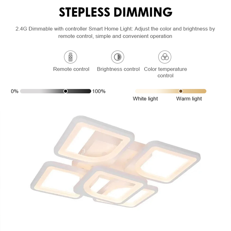 Lustre LED avec télécommande ZOE 96W, 5 carrés, Lumière Froide/Chaude/Neutre, Dimmable, Blanc