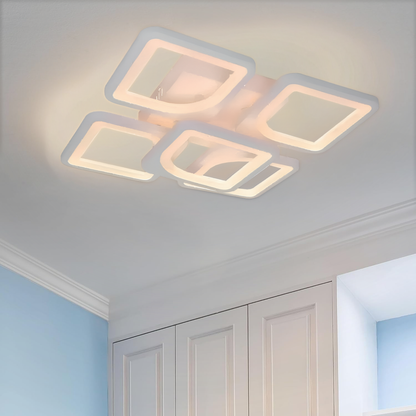 Lustre LED avec télécommande ZOE 96W, 5 carrés, Lumière Froide/Chaude/Neutre, Dimmable, Blanc