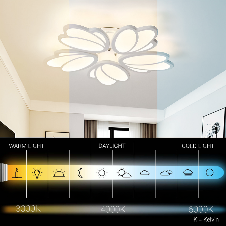 Lustre LED avec télécommande TULIP 81W, 5 Pétales, Lumière Froide/Chaude/Neutre, Dimmable, Blanc