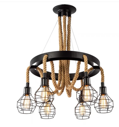 Lustre suspendu vintage, LV583/6BK, 6xE27, diamètre 60 cm, hauteur réglable, IP20, marron, métal et ficelle, ampoules non incluses