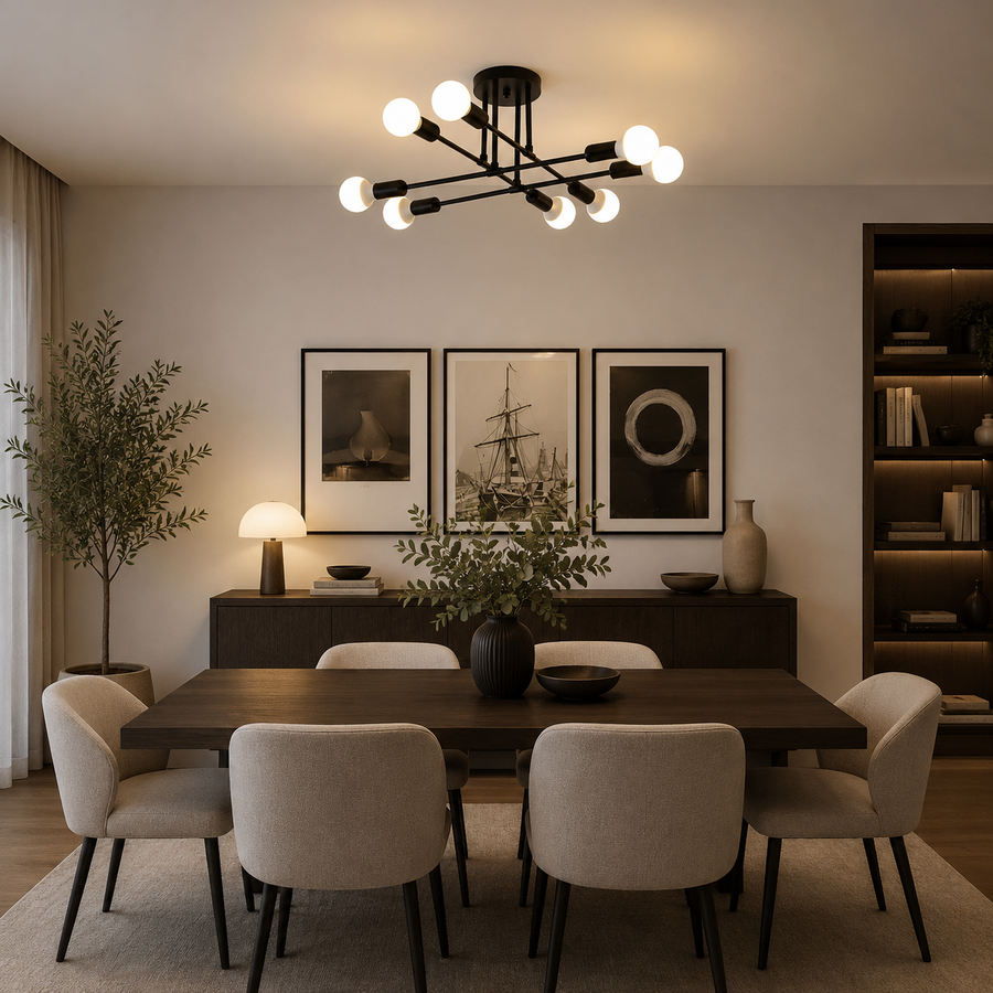 Lustre Octa moderniste classique, 8x E27, noir, design moderne, métal, sans abat-jour