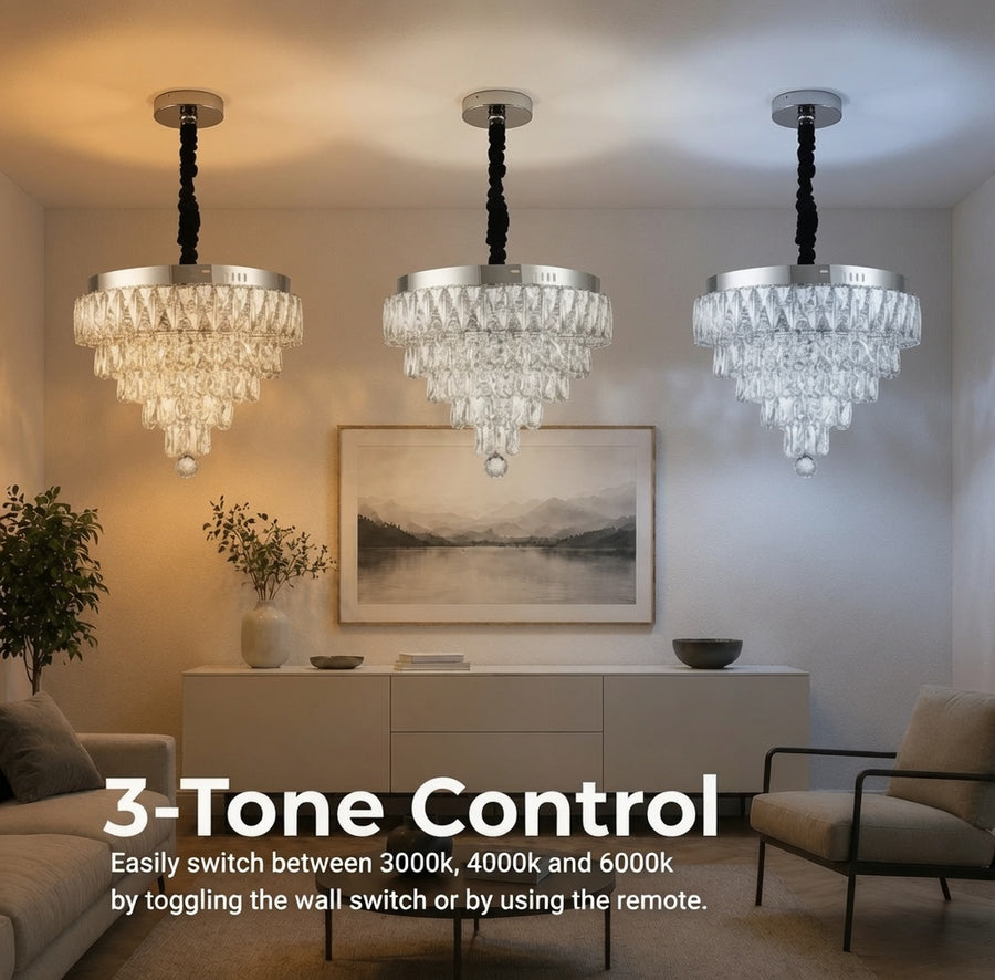 RIGO Lustre LED en Cristal avec télécommande Nobile Diamètre 39cm, Chrome Brillant, Hauteur Réglable, Métal et Cristal