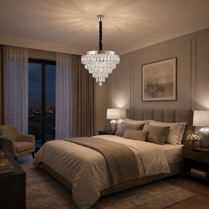 RIGO Lustre LED en Cristal avec télécommande Nobile Diamètre 39cm, Chrome Brillant, Hauteur Réglable, Métal et Cristal