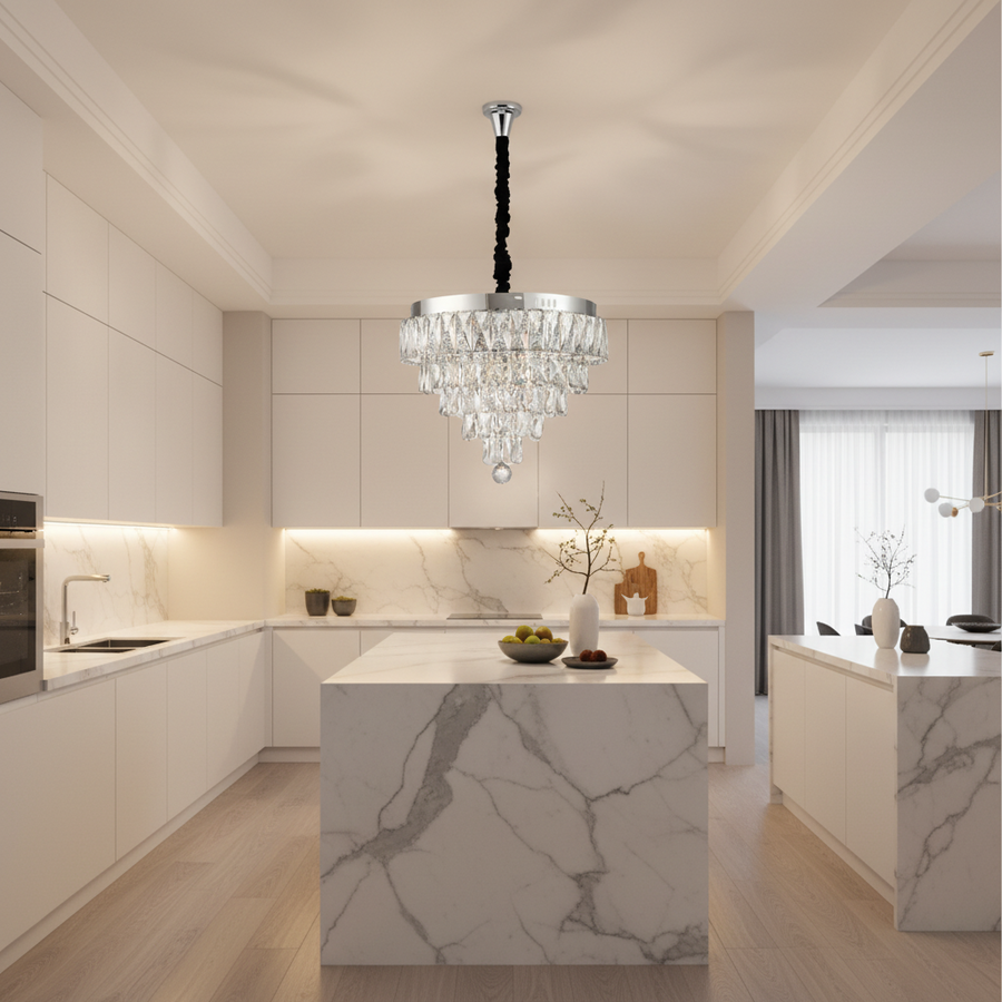 RIGO Lustre LED en Cristal avec télécommande Nobile Diamètre 39cm, Chrome Brillant, Hauteur Réglable, Métal et Cristal