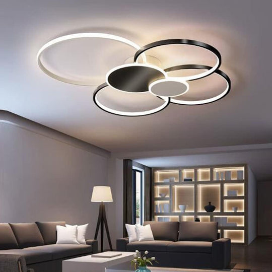 Lustre LED avec télécommande, KILLIAN, 74W, 6 cercles, lumière froide/chaude/neutre 3000K/4000K/6000K, variable, noir et blanc, lustres LED en métal et acrylique avec télécommande Titre par défaut Alessandro Design