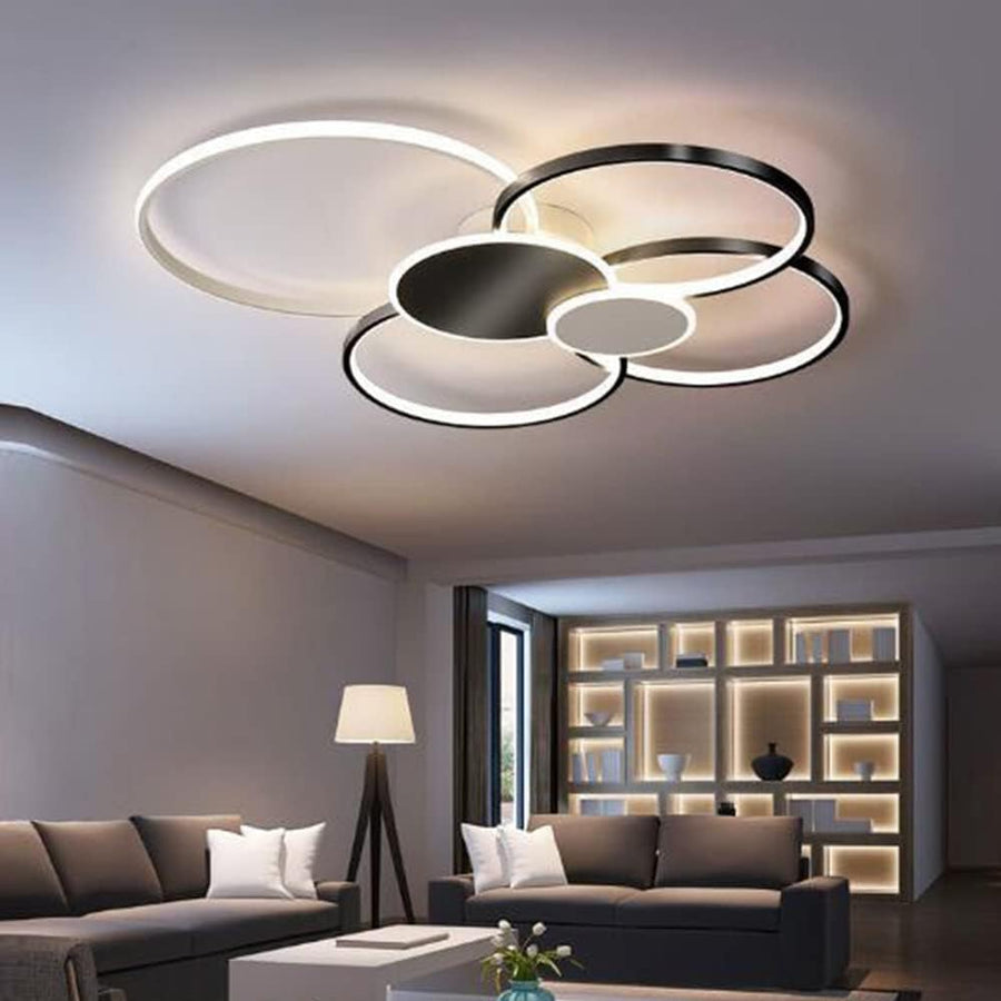 Lustre LED avec télécommande, KILLIAN, 74W, 6 cercles, lumière froide/chaude/neutre 3000K/4000K/6000K, variable, noir et blanc, lustres LED en métal et acrylique avec télécommande Titre par défaut Alessandro Design