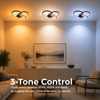 Lustre LED avec télécommande, KILLIAN, 74W, 6 cercles, lumière froide/chaude/neutre 3000K/4000K/6000K, variable, noir et blanc, métal et acrylique