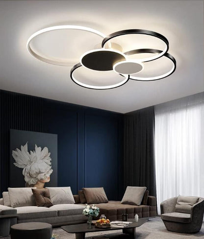 Lustre LED avec télécommande, KILLIAN, 74W, 6 cercles, lumière froide/chaude/neutre 3000K/4000K/6000K, variable, noir et blanc, lustres LED en métal et acrylique avec télécommande Titre par défaut Alessandro Design