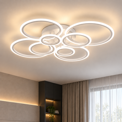 Lustre LED avec télécommande BETTY 127W, 8 Cercles, Lumière Froide/Chaude/Neutre, Dimmable, Blanc