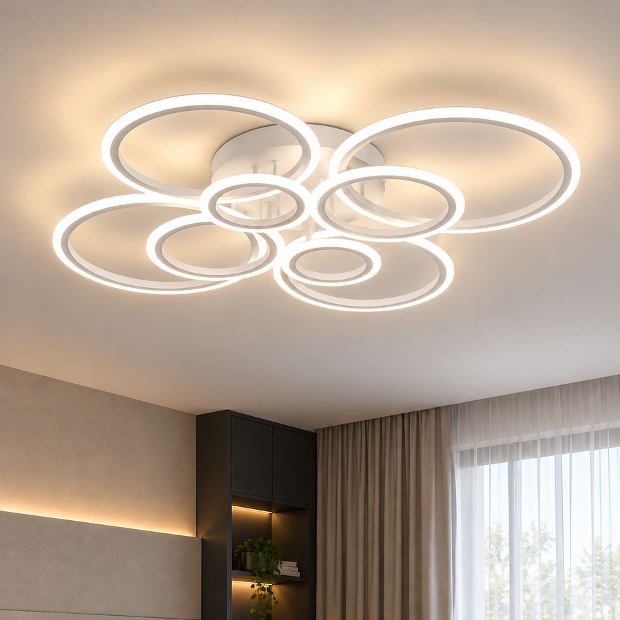 Lustre LED avec télécommande BETTY 127W, 8 Cercles, Lumière Froide/Chaude/Neutre, Dimmable, Blanc