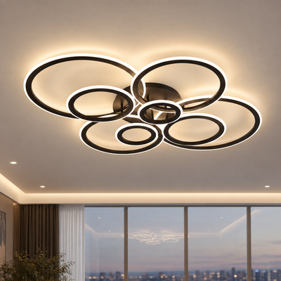 Lustre LED avec télécommande BETTY 127W, 8 Cercles, Lumière Froide/Chaude/Neutre, Dimmable, Noir