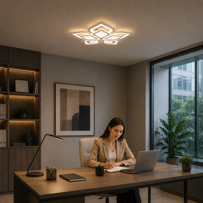 Lustre LED avec télécommande DALIA 96W, 5 pétales, Lumière froide/chaude/neutre, Dimmable, Blanc