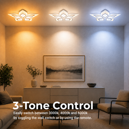 Lustre LED avec télécommande DALIA 96W, 5 pétales, Lumière froide/chaude/neutre, Dimmable, Blanc