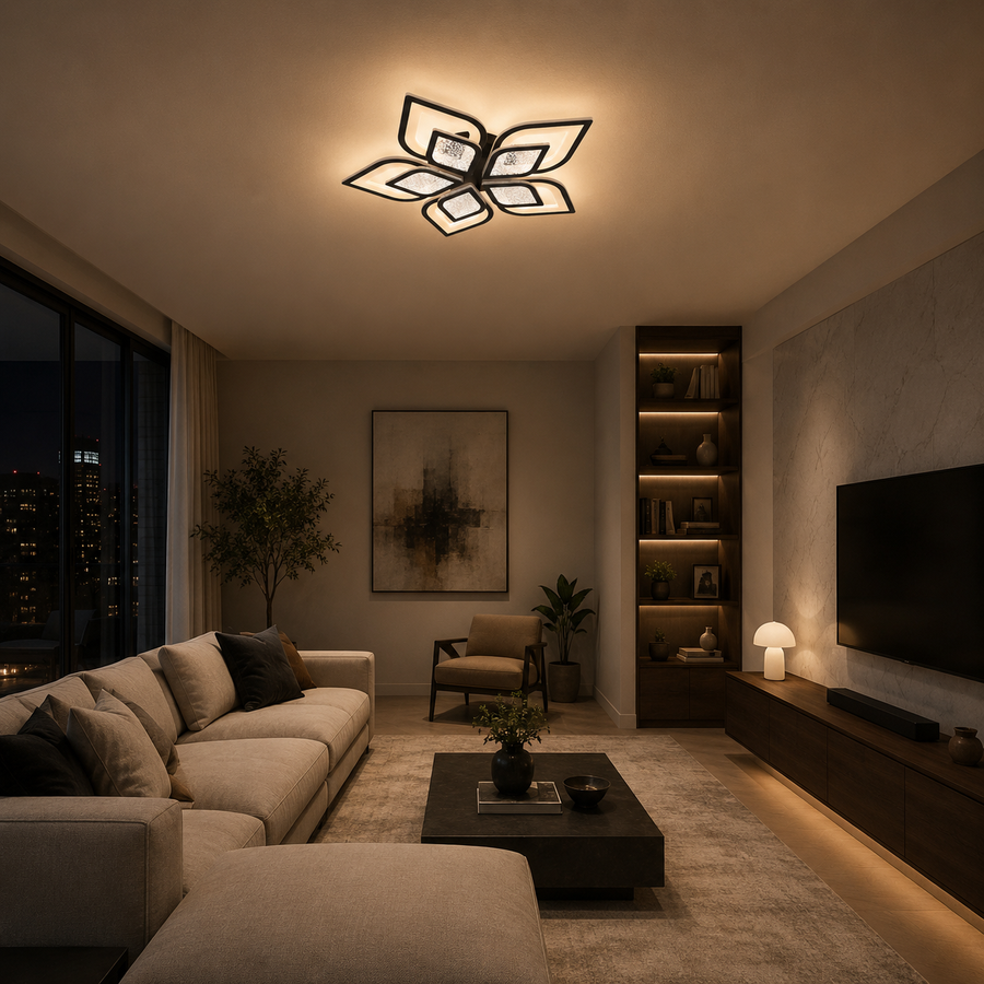 Lustre LED avec télécommande DALIA 96W, 5 pétales, Lumière froide/chaude/neutre, Dimmable, Noir