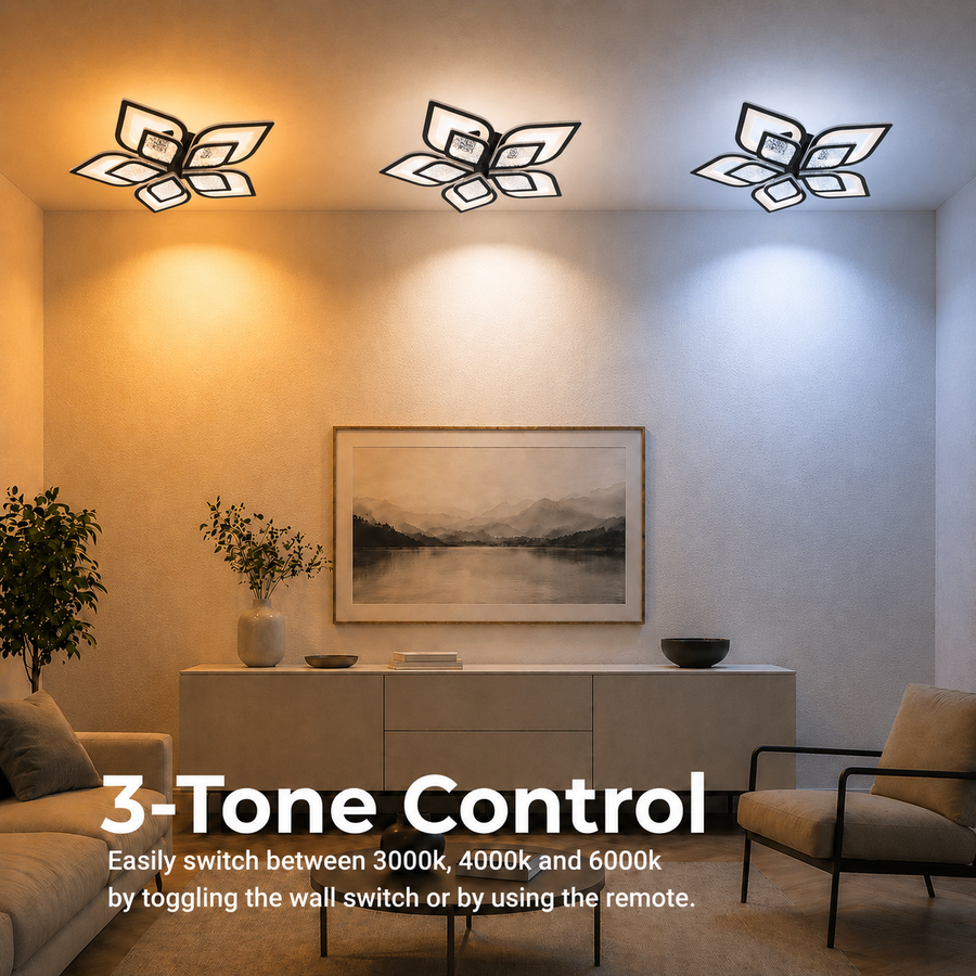 Lustre LED avec télécommande DALIA 96W, 5 pétales, Lumière froide/chaude/neutre, Dimmable, Noir