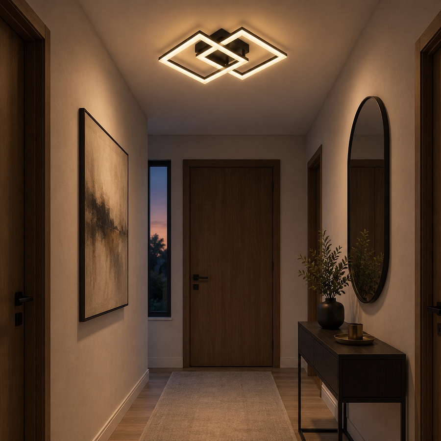 Lustre LED avec télécommande GEO 29W, 2 Carrés, Lumière Froide/Chaude/Neutre, Dimmable, Métal et Acrylique, Noir
