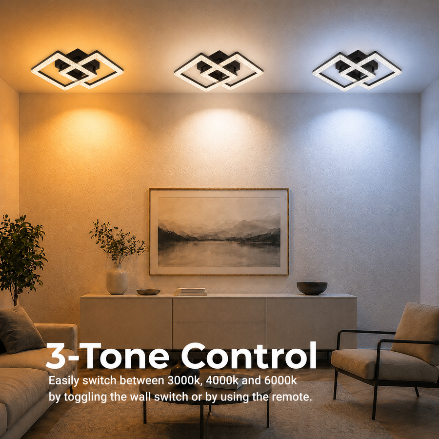Lustre LED avec télécommande GEO 29W, 2 Carrés, Lumière Froide/Chaude/Neutre, Dimmable, Métal et Acrylique, Noir