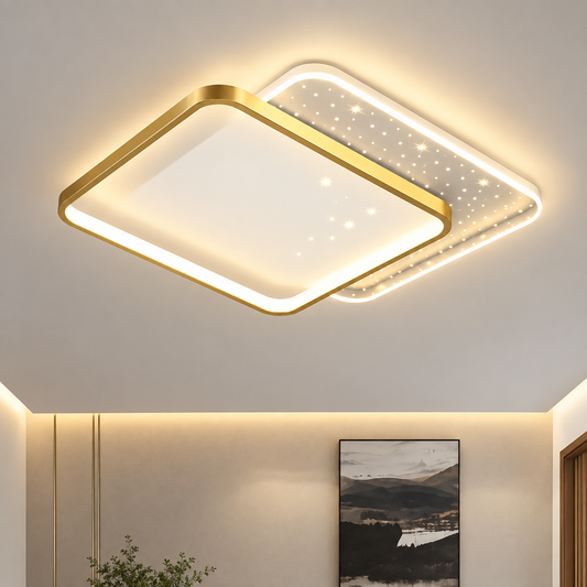 Lustre LED avec télécommande GILDRA 48W, 2 Carrés, Lumière Froide/Chaude/Neutre, Dimmable, Or