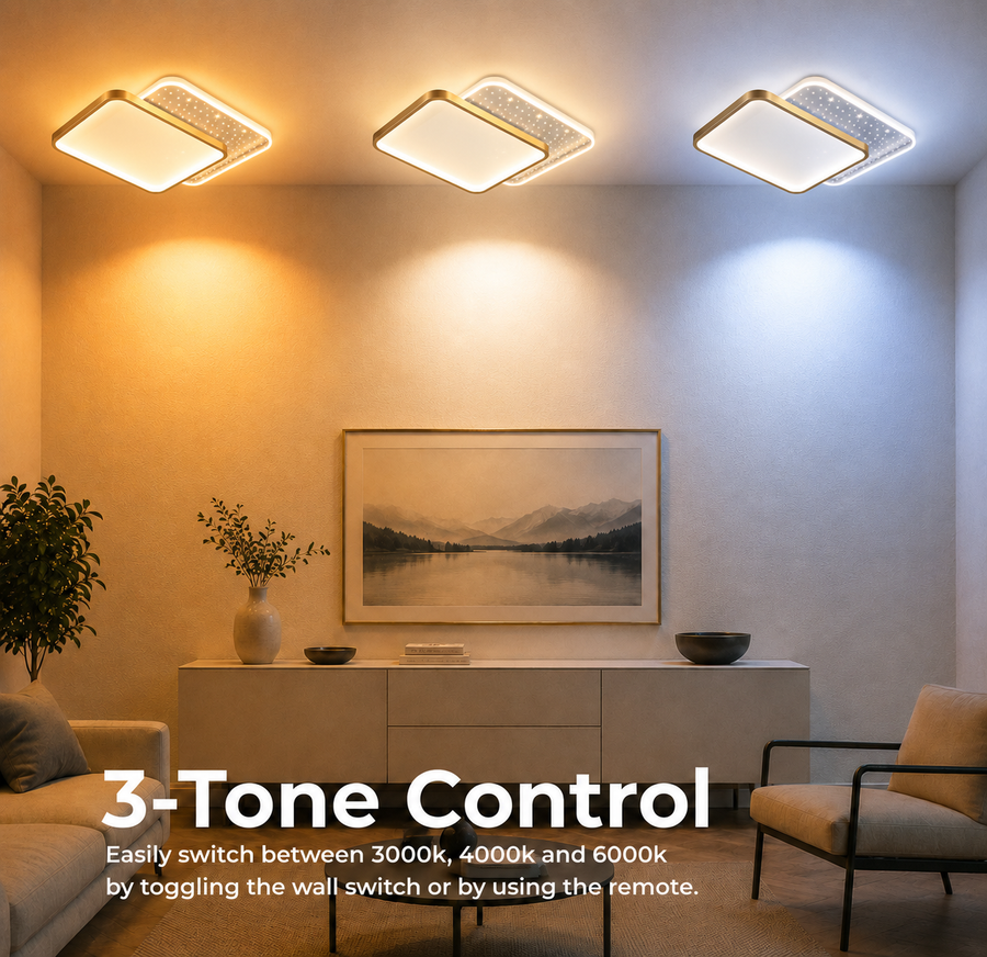 Lustre LED avec télécommande GILDRA 48W, 2 Carrés, Lumière Froide/Chaude/Neutre, Dimmable, Or