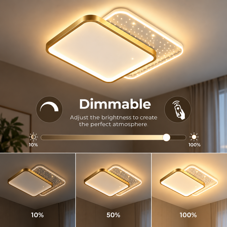 Lustre LED avec télécommande GILDRA 48W, 2 Carrés, Lumière Froide/Chaude/Neutre, Dimmable, Or