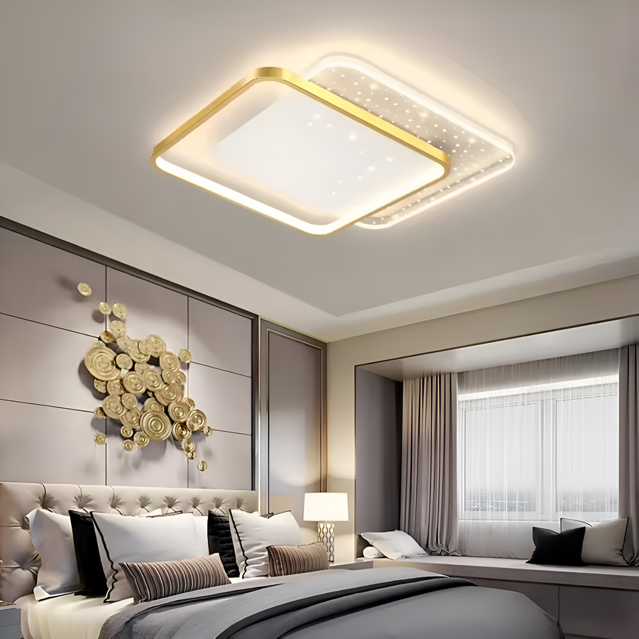 Lustre LED avec télécommande GILDRA 48W, 2 carrés, lumière froide/chaude/neutre, variable, lustres LED dorés avec télécommande Titre par défaut Alessandro Design