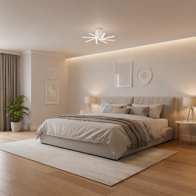 Lustre LED IBANE avec télécommande, 8 sources, 3000K/4000K/6000K, 128W, Métal et Silicium, Blanc