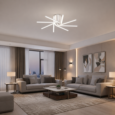 Lustre LED IBANE avec télécommande, 8 sources, 3000K/4000K/6000K, 144W, Métal et Silicium, Blanc