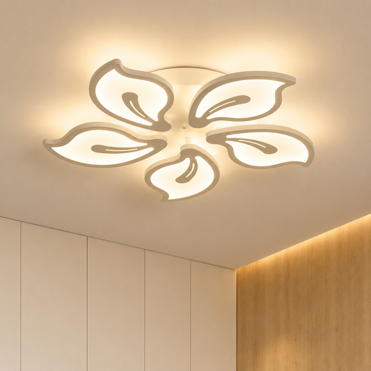Lustre LED avec télécommande JASMINE 73W, 5 pétales, Lumière Froide/Chaude/Neutre, Dimmable, Blanc