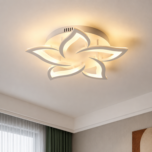 Lustre LED avec télécommande LOTUS 54W, 5 pétales, Lumière Froide/Chaude/Neutre, Dimmable, Blanc
