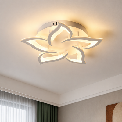 Lustre LED avec télécommande LOTUS 54W, 5 pétales, Lumière Froide/Chaude/Neutre, Dimmable, Blanc