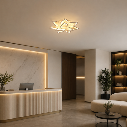Lustre LED avec télécommande LOTUS 91W, 9 pétales, Lumière Froide/Chaude/Neutre, Dimmable, Blanc
