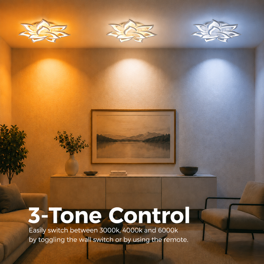 Lustre LED avec télécommande LOTUS 91W, 9 pétales, Lumière Froide/Chaude/Neutre, Dimmable, Blanc