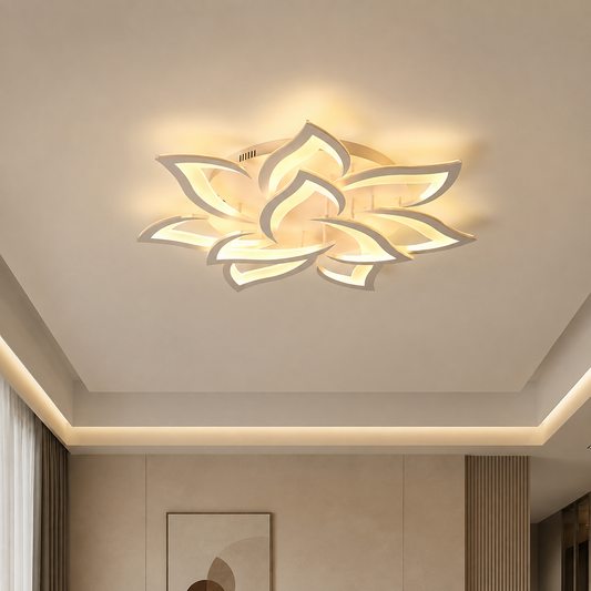 Lustre LED avec télécommande LOTUS 91W, 9 pétales, Lumière Froide/Chaude/Neutre, Dimmable, Blanc