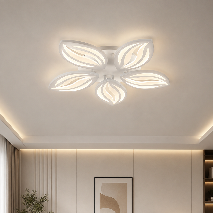 Lustre LED avec télécommande ORCHID 66W, 5 Pétales, Lumière Froide/Chaude/Neutre, Dimmable, Blanc, Métal et Acrylique