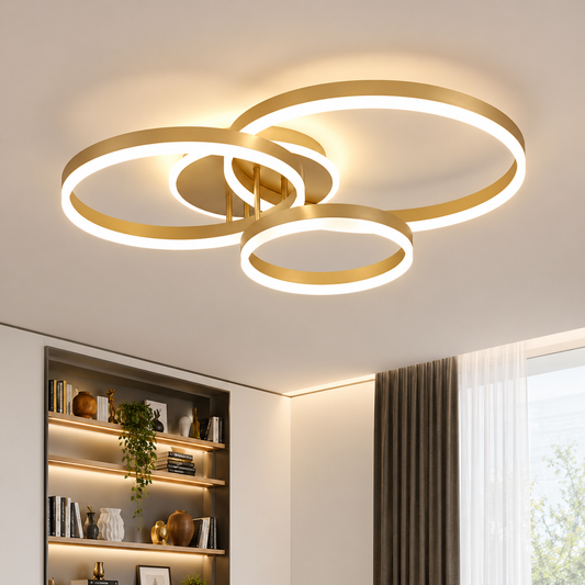 Lustre LED avec télécommande RIGA LILITH 68W, 3 Cercles, Lumière Froide/Chaude/Neutre, Dimmable, Or Brillant