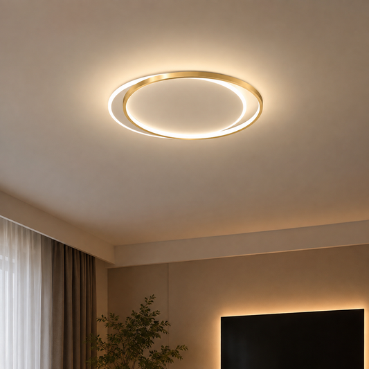 Lustre LED avec télécommande SOLARA 51W, 2 Cercles, Lumière Froide/Chaude/Neutre, Dimmable, Or Blanc
