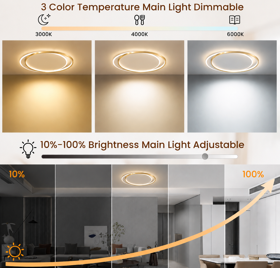 Lustre LED avec télécommande SOLARA 51W, 2 Cercles, Lumière Froide/Chaude/Neutre, Dimmable, Or Blanc