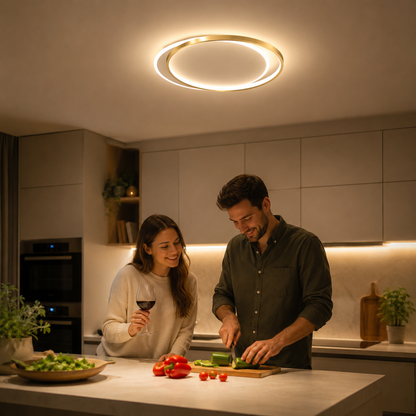 Lustre LED avec télécommande SOLARA 51W, 2 Cercles, Lumière Froide/Chaude/Neutre, Dimmable, Or Blanc
