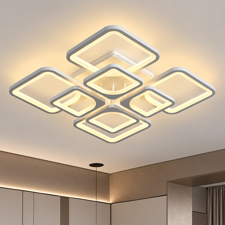 Lustre LED avec télécommande ZOE 138W, 8 carrés, Lumière Froide/Chaude/Neutre, Dimmable, Blanc