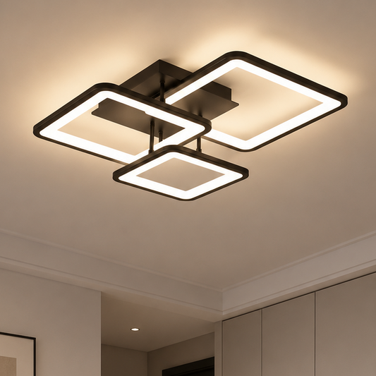 Lustre LED avec télécommande ZOE 60W, 3 Carrés, Lumière Froide/Chaude/Neutre, Dimmable, Noir, Métal et Acrylique