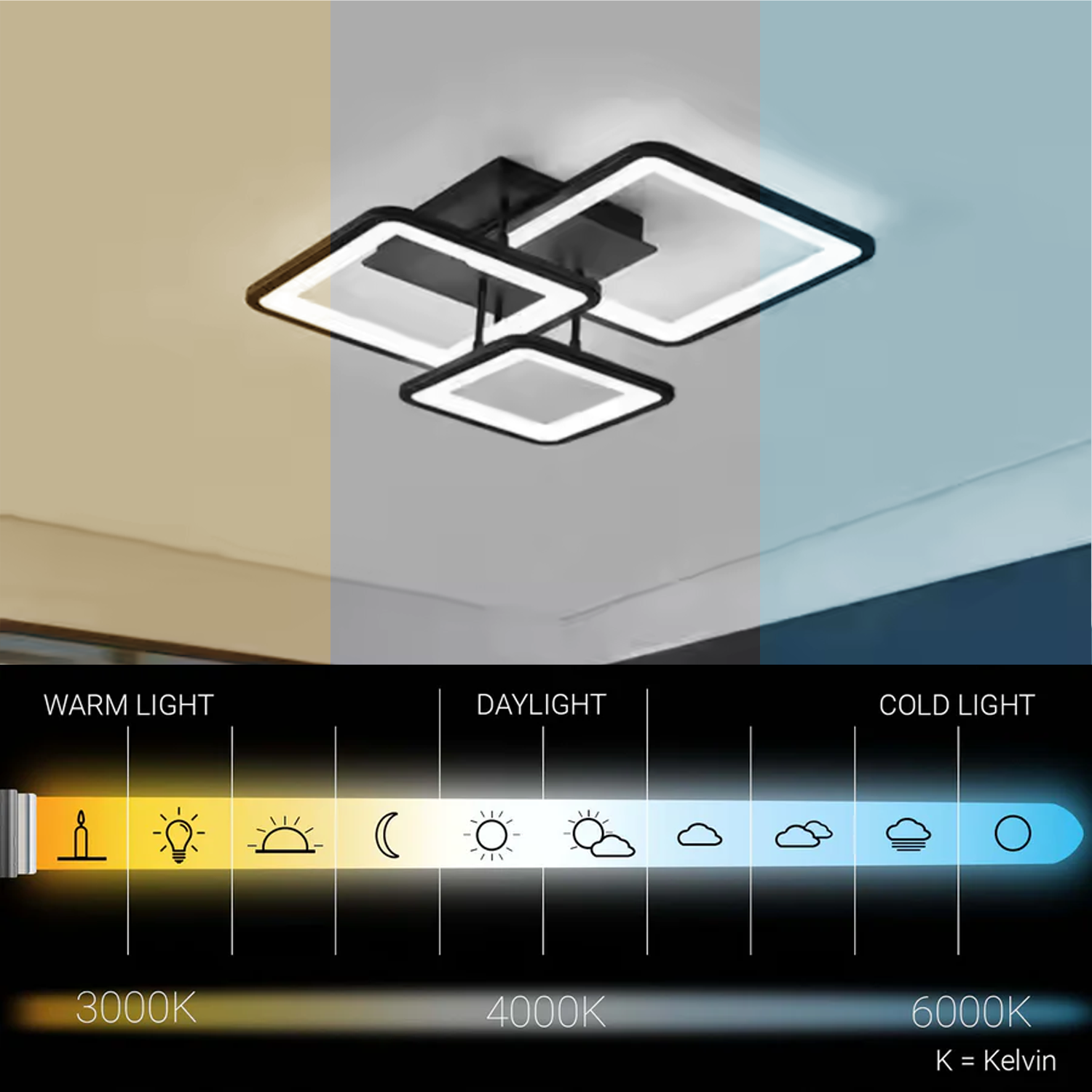 Lustre LED avec télécommande ZOE 60W, 3 carrés, Lumière Froide/Chaude/Neutre, Dimmable, Noir Lustres LED avec télécommande Default Title Alessandro Design