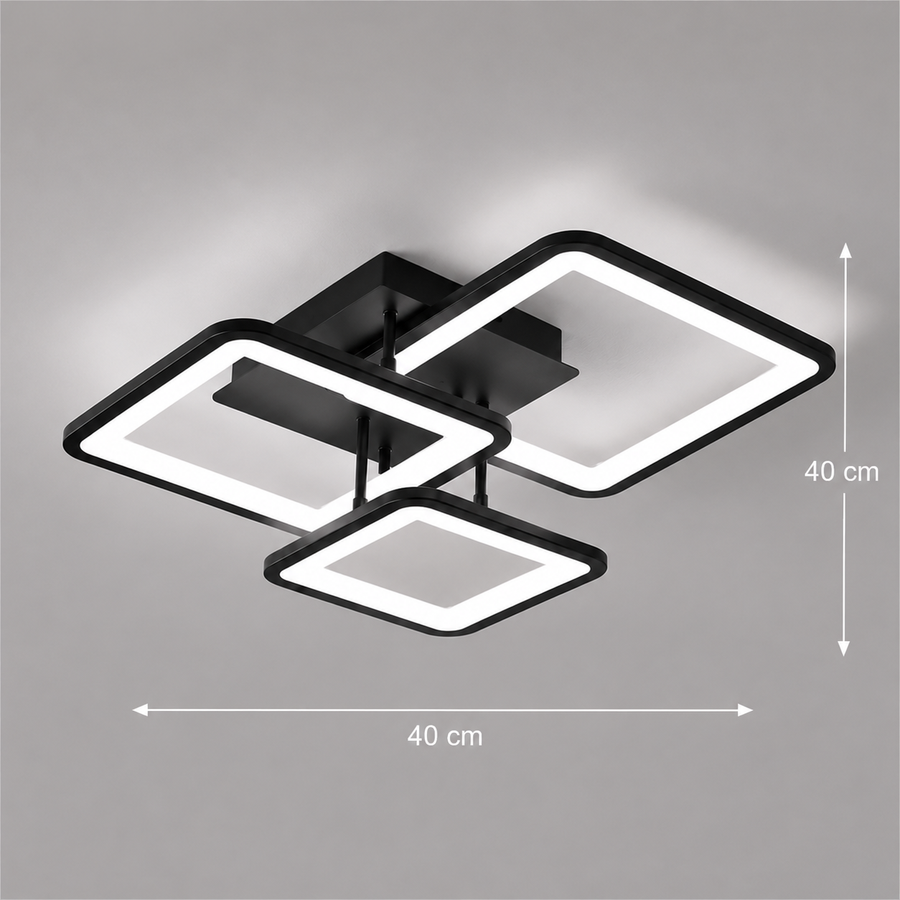 Lustre LED avec télécommande ZOE 60W, 3 Carrés, Lumière Froide/Chaude/Neutre, Dimmable, Noir, Métal et Acrylique