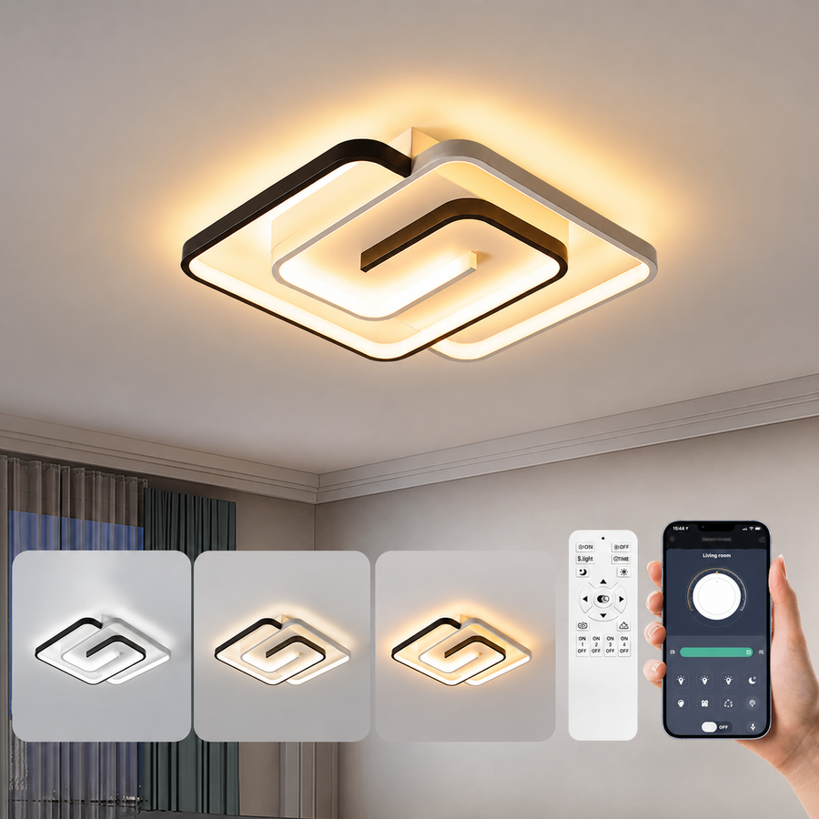 Lustra LED cu telecomanda si cristal ASHGABAT 66W, 2 Patrate, lumina Rece/Calda/Neutra, Dimabila, Alb